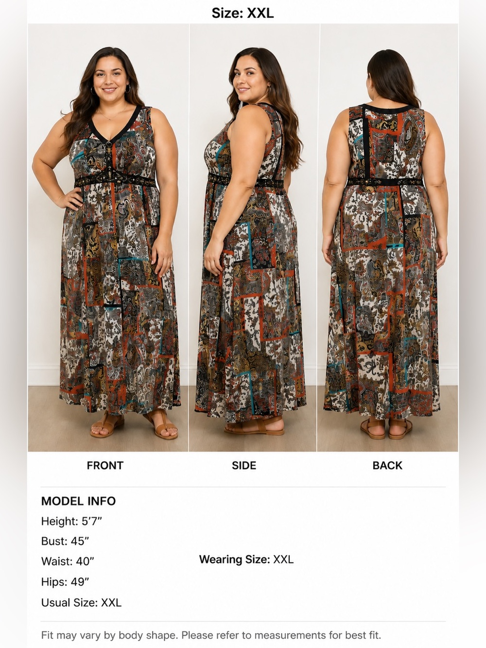 Cathy Paisley Boho Maxi Dress Embellished Waist Sleeveless Multicolor